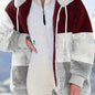 Color Block Hooded Teddy Coat, Casual Zip Up Long Sleeve Winter Warm Outerwear, Women's Clothing