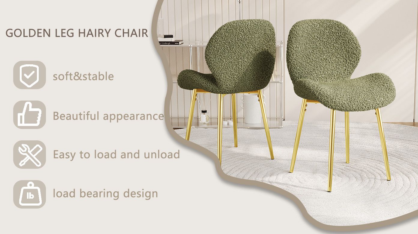Modern minimalist white teddy velvet Dining Chairs Set of 2 with sturdy gold metal legs and comfortable backrest design, suitable for restaurants, kitchens, and offices.