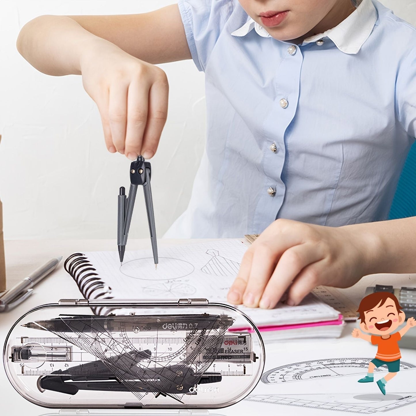 8pcs Deli Compass Ruler Set With Ruler Protractor Compass Eraser 0.7mm Lead Refills Mechanical Pencil Simple Multifunctional Portable Student Drawing Tool