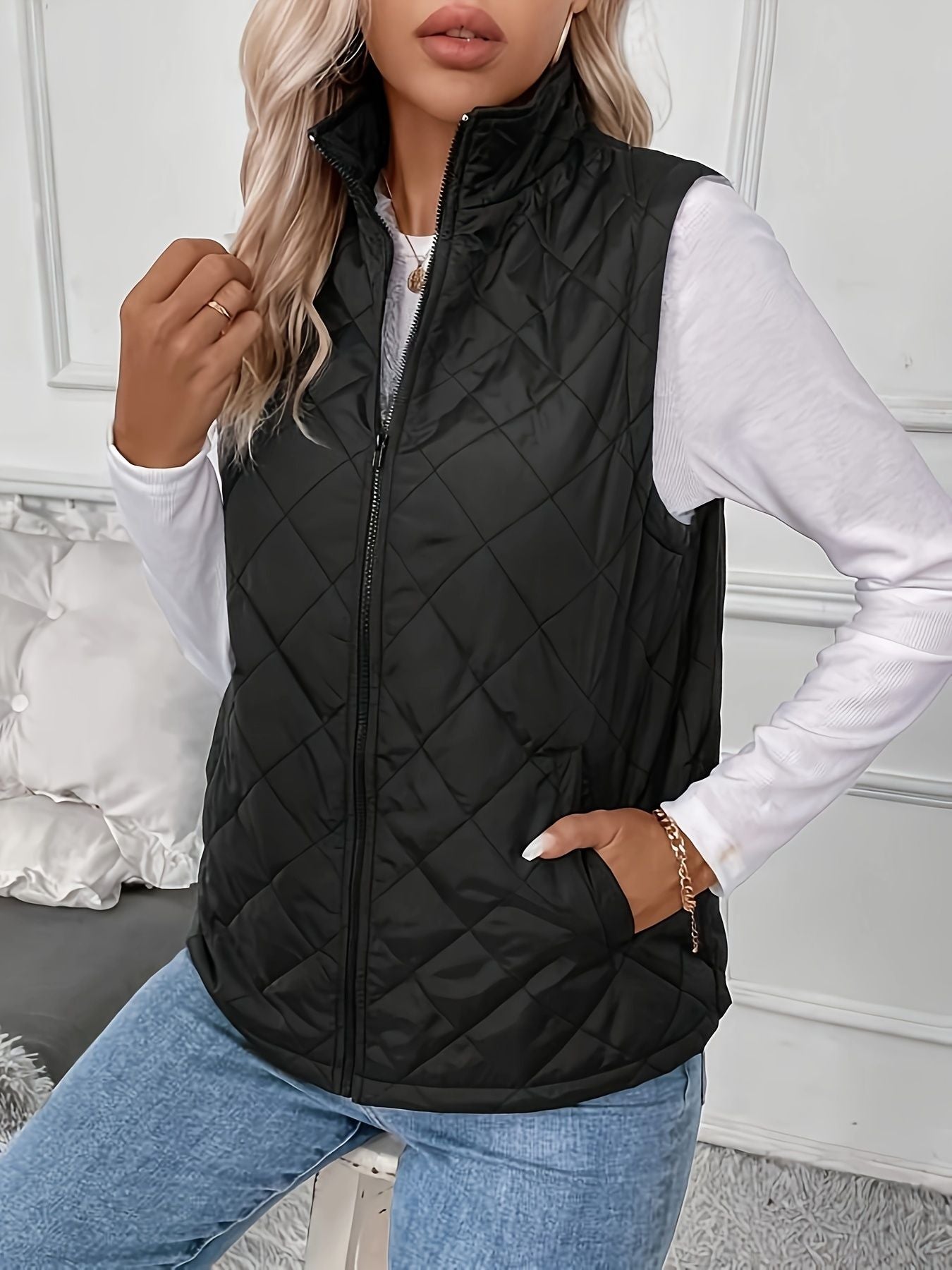 Argyle Pattern Fall & Winter Vest, Casual Zip Up Sleeveless Vest, Women's Clothing