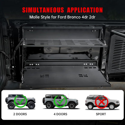 Tailgate Table Molle Panel for Ford Bronco 2021-2024 2-Tier Foldable Rear Storage Cargo Rack Shelf Camping Desk