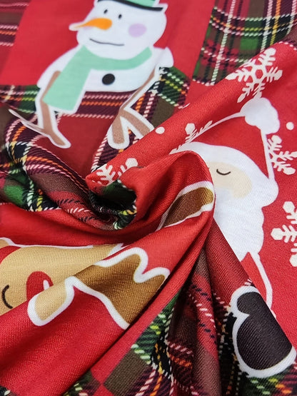 Plus Size Christmas Blouse, Women's Plus Colorblock Santa Claus & Snowman Print Long Sleeve Notched Neck Slight Stretch Henley Shirt