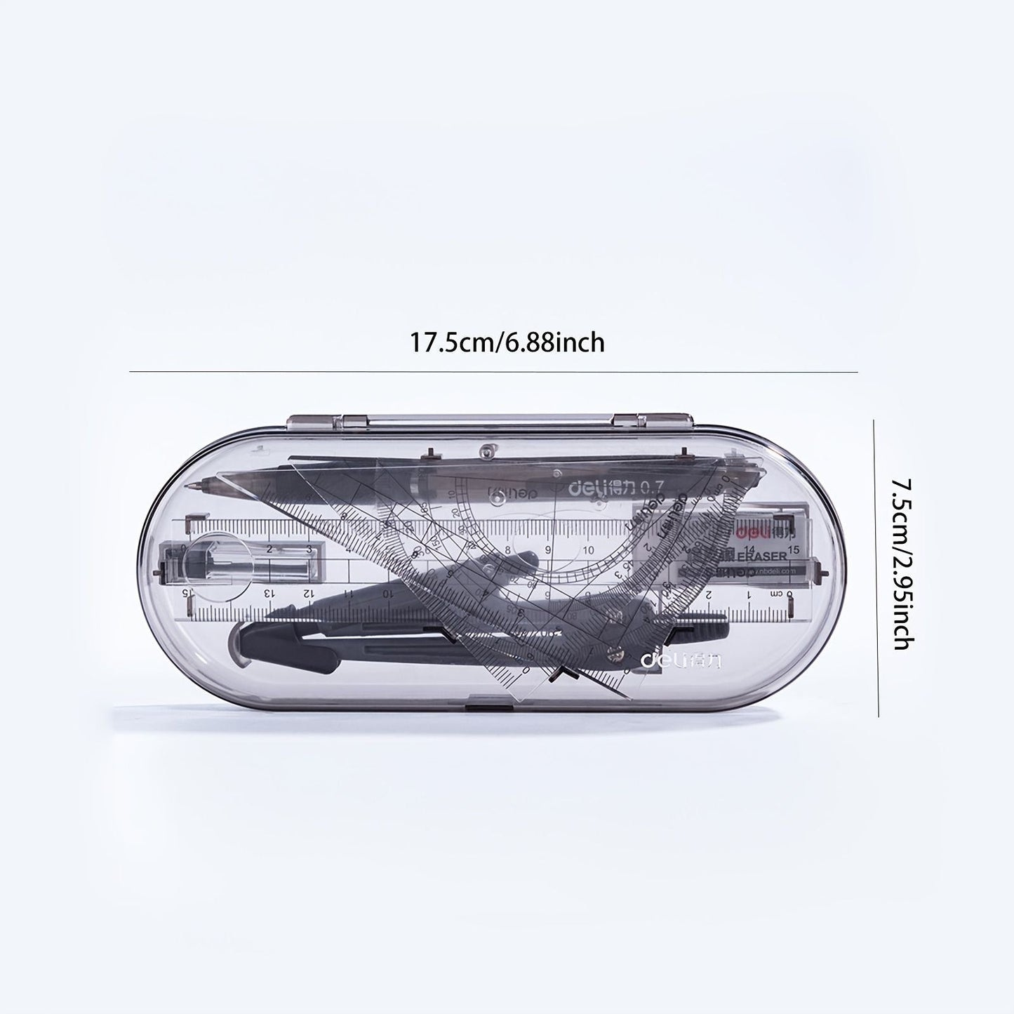 8pcs Deli Compass Ruler Set With Ruler Protractor Compass Eraser 0.7mm Lead Refills Mechanical Pencil Simple Multifunctional Portable Student Drawing Tool For School Office Black