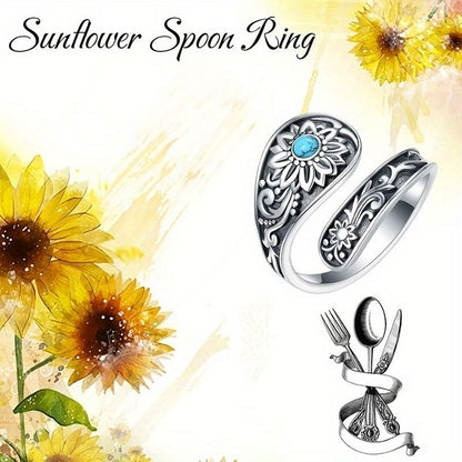 Sunflower Ring with Turquoise Inlay-Handmade Wedding Band, Boho Chic Jewelry Gift for Women