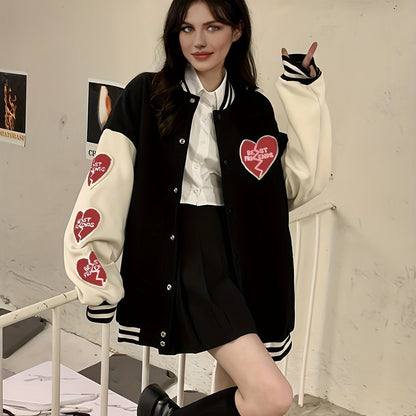 Preppy Heart Print Striped Trim Hem Patchwork Bomber Jacket, Casual Winter Oversized Coat, Women's Clothing