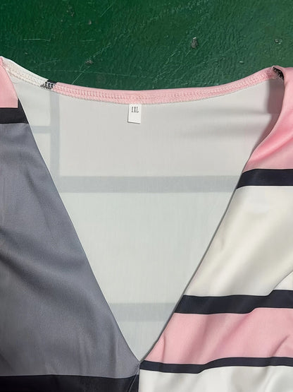 Plus Size elegant Blouse, Women's Plus Colorblock Geometric Print Lantern Sleeve V Neck Ruched Side Top