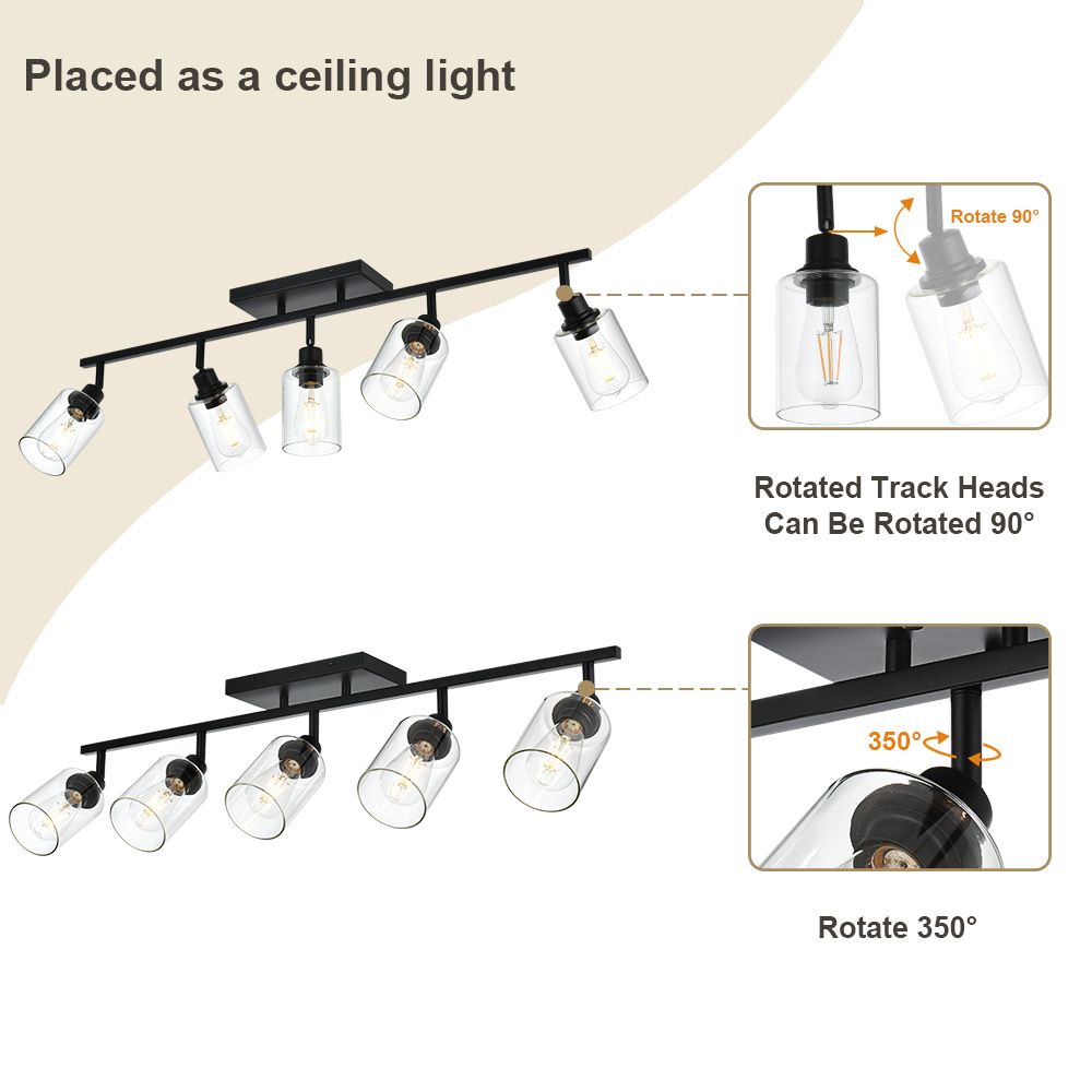 5-Light Vanity Light Bathroom Fixture with Clear Glass Shade Multi-Directional Rotating Metal Ceiling Spotlight Fixture with Adjustable Track Heads