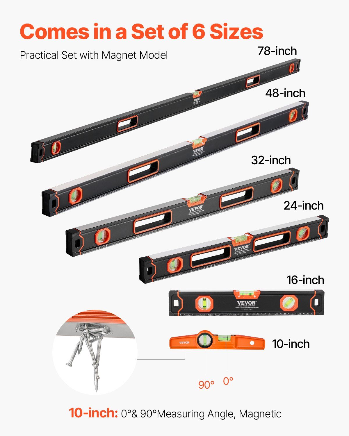 VEVOR 6-Piece Torpedo Level, 78/48/32/24/16/10 Inch Box Levels Set, Bubble Vials Ruler for 45/90/180 Degree, Shock-Proof Aluminum Alloy Magnetic Leveler Tool, SAE/Metric Scale