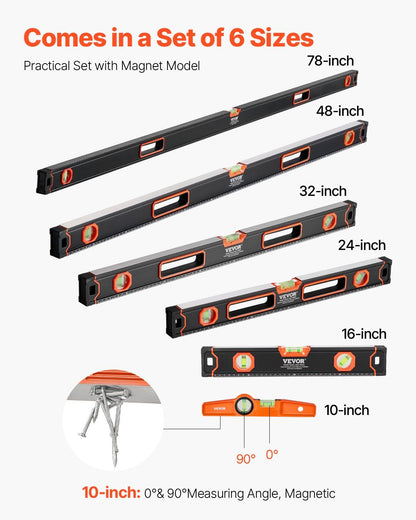 VEVOR 6-Piece Torpedo Level, 78/48/32/24/16/10 Inch Box Levels Set, Bubble Vials Ruler for 45/90/180 Degree, Shock-Proof Aluminum Alloy Magnetic Leveler Tool, SAE/Metric Scale