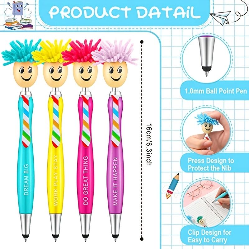 2PCS/5PCS Mop Pen Screen Cleaning Pen With Motivational Quotes 3 In 1 Stylus Dusting Pen For Kids And Unisex Ink Rollerball Pen School Office Motivational Stylus,Line Point 0.1cm/0.03in, Black Refill