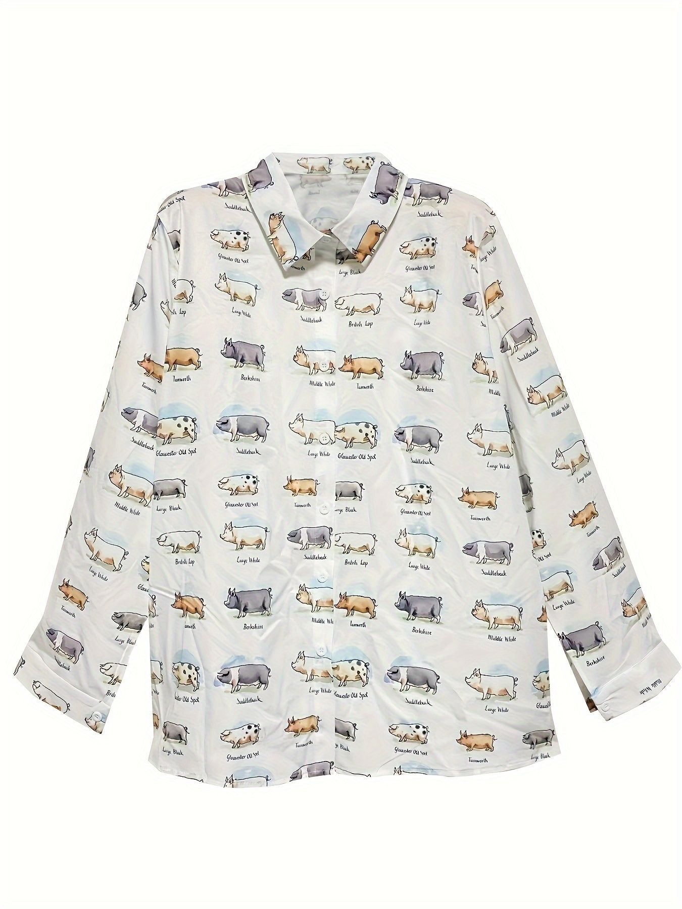 Plus Size Casual Blouse, Women's Plus Cute Pig & Letter Print Long Sleeve Button Up Lapel Collar Shirt Top