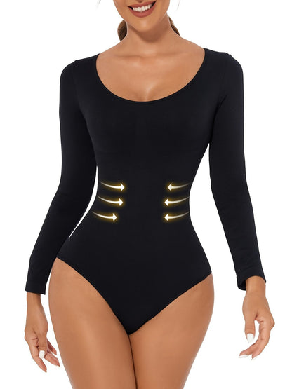 Sexy Basic Slim Bodysuit, Solid Round Neck Long Sleeve Waist Bodycon One Piece Bodysuit, Women's Clothing