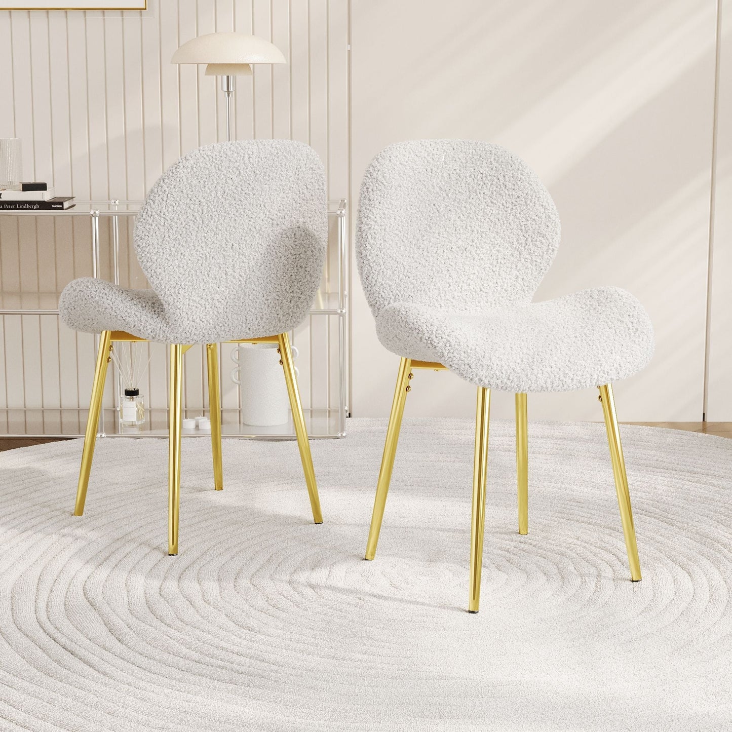Modern minimalist white teddy velvet Dining Chairs Set of 2 with sturdy gold metal legs and comfortable backrest design, suitable for restaurants, kitchens, and offices.