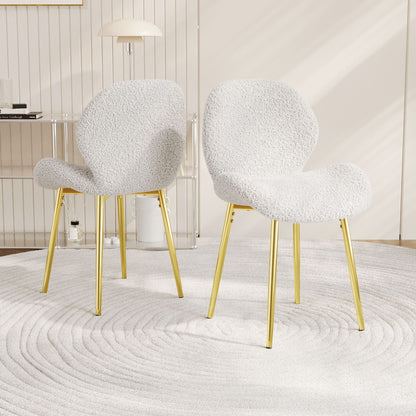 Modern minimalist white teddy velvet Dining Chairs Set of 2 with sturdy gold metal legs and comfortable backrest design, suitable for restaurants, kitchens, and offices.