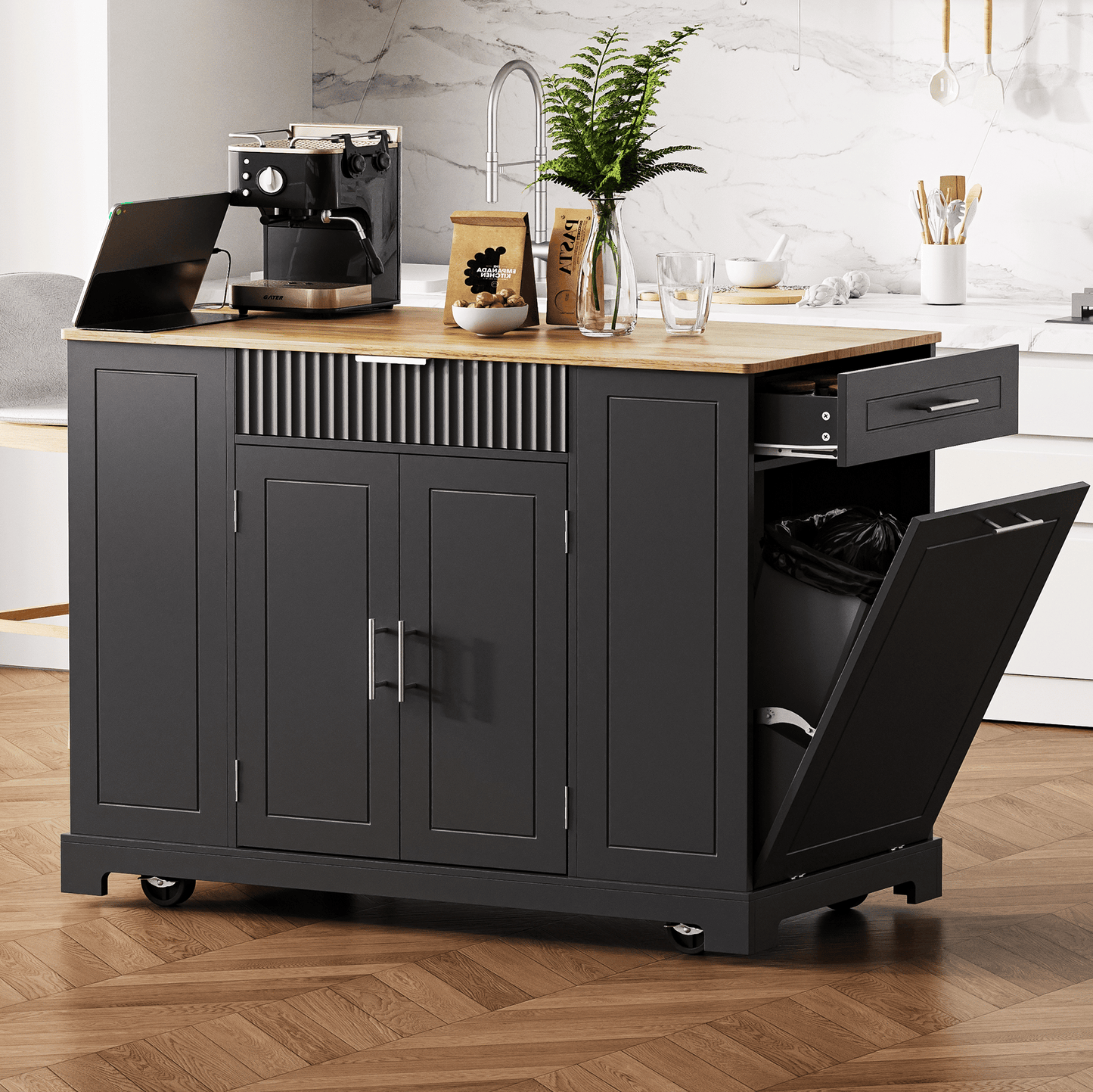 Fluted Kitchen Island with Trash Can Storage Cabinet, Power Outlet, Internal Storage Rack, Rolling Kitchen Islands on 5 Wheels with 3 Drawer, 3 Open Side Racks for 10 Gallon Garbage Bin