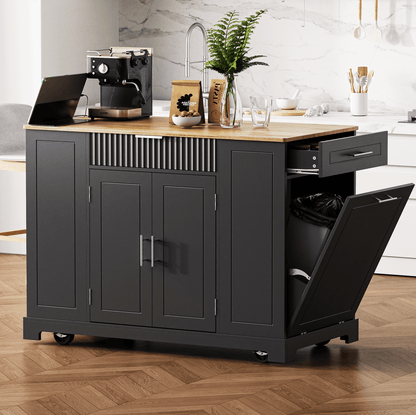 Fluted Kitchen Island with Trash Can Storage Cabinet, Power Outlet, Internal Storage Rack, Rolling Kitchen Islands on 5 Wheels with 3 Drawer, 3 Open Side Racks for 10 Gallon Garbage Bin