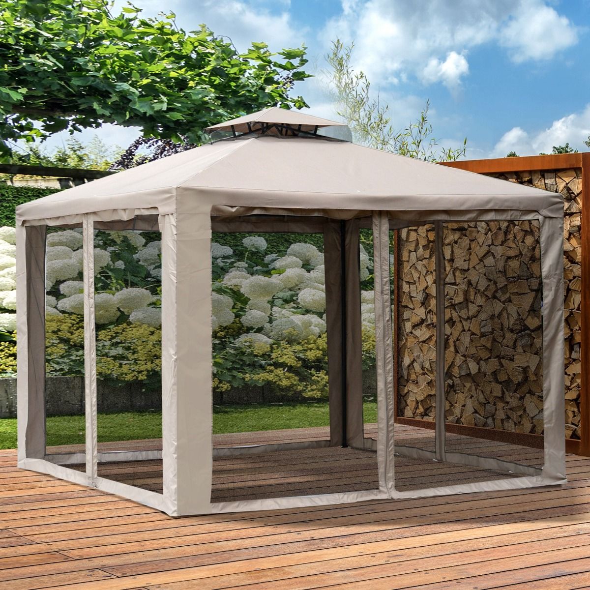 Outsunny 10' x 10' Gazebo Tent, Canopy with Mosquito Netting SideWalls, 2-Tier Vented Roof, Fabric for Garden, Lawn, Backyard, Taupe