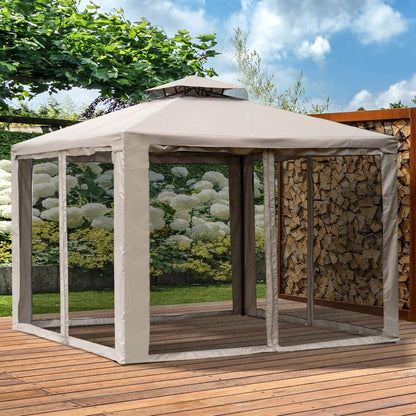 Outsunny 10' x 10' Gazebo Tent, Canopy with Mosquito Netting SideWalls, 2-Tier Vented Roof, Fabric for Garden, Lawn, Backyard, Taupe