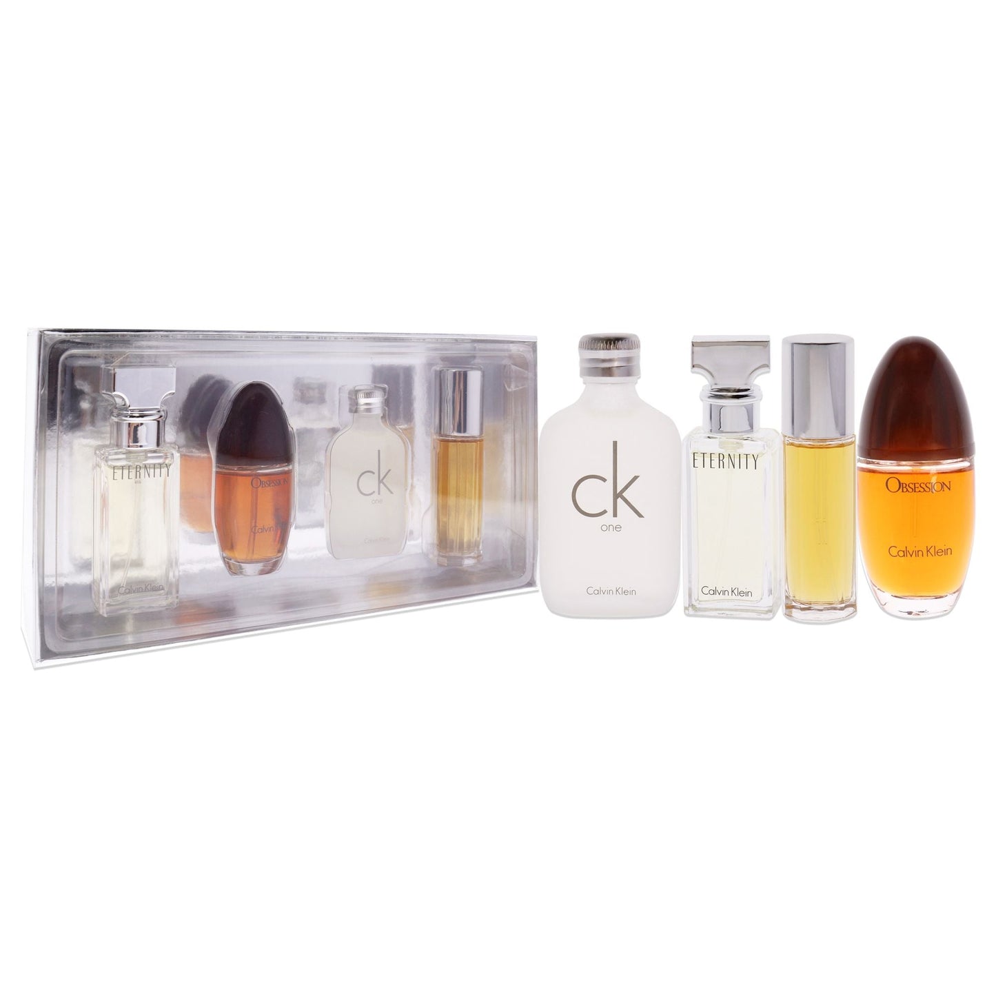 Calvin Klein Variety by Calvin Klein for Women - 4 Pc Mini Gift Set 0.5oz Obsession EDP Spray, 0.5oz CK One EDT Splash, 0.5oz Eternity EDP Spray, 0.5oz Escape EDP Spray