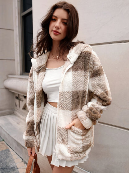 Plaid Hooded Teddy Coat, Elegant Zip Up Long Sleeve Winter Warm Outerwear, Women's Clothing