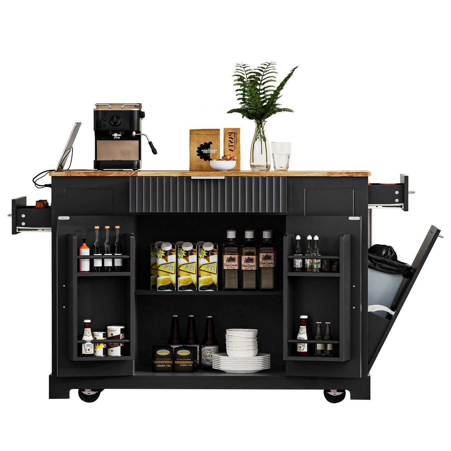 Fluted Kitchen Island with Trash Can Storage Cabinet, Power Outlet, Internal Storage Rack, Rolling Kitchen Islands on 5 Wheels with 3 Drawer, 3 Open Side Racks for 10 Gallon Garbage Bin