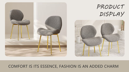 Modern minimalist white teddy velvet Dining Chairs Set of 2 with sturdy gold metal legs and comfortable backrest design, suitable for restaurants, kitchens, and offices.