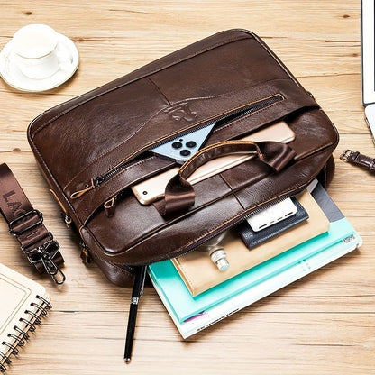 1pc Men's Briefcase, Genuine Leather Men's Bag, Official Bag, 15 Inch Computer Bag, Men's Portable Shoulder Business Bag
