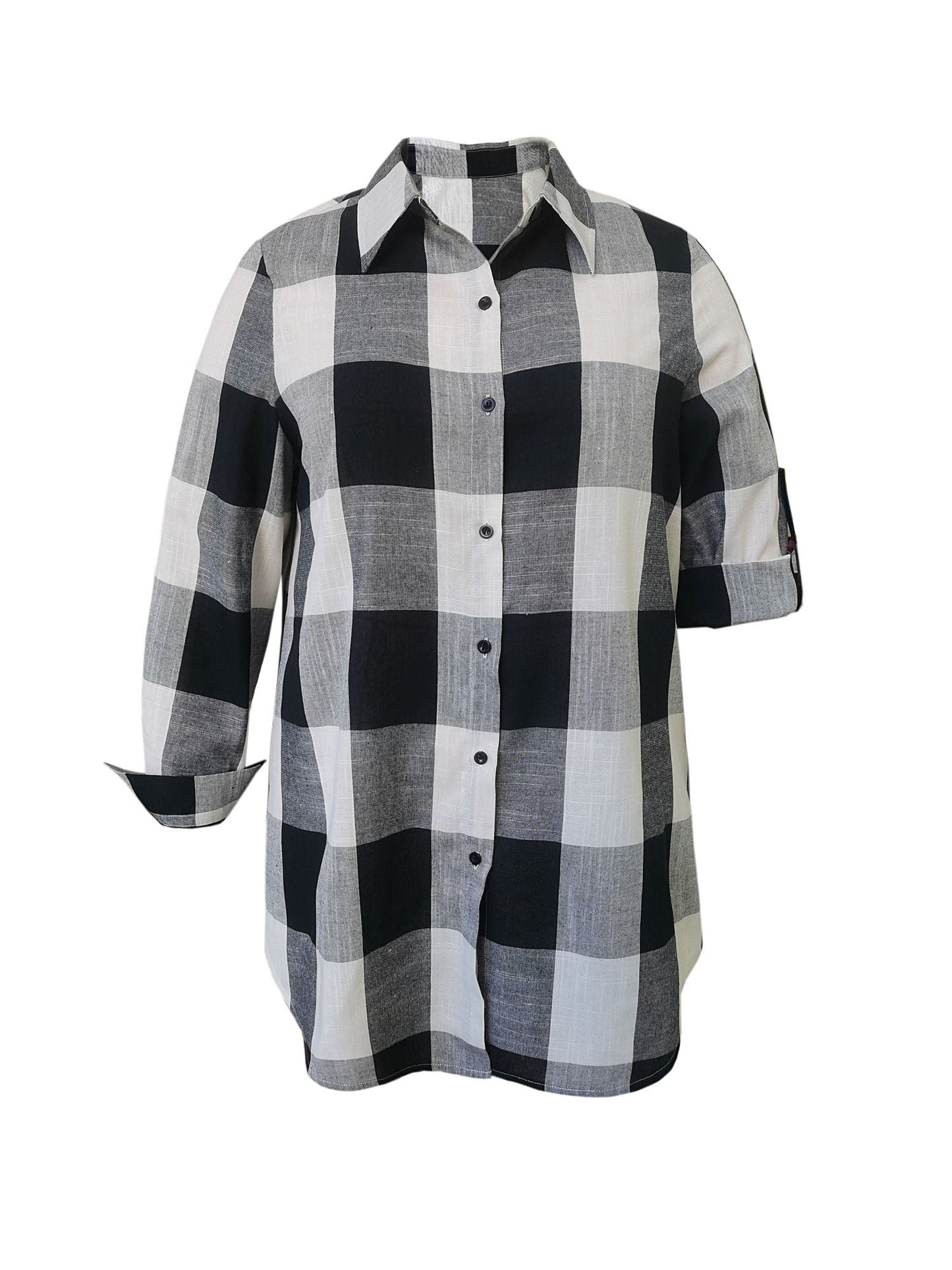 Plus Size Casual Blouse, Women's Plus Gingham Print Button Up Roll Up Sleeve Turn Down Collar Blouse