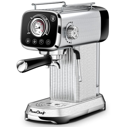 PlumChef Espresso Machine 20 Bar Professional Compact Household Coffee Espresso Maker with Milk Frother Steam Wand Temperature Gauge 34oz Water Tank Low Noise Coffee Machine for Latte Cappuccino