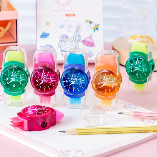 4pcs Creative Watch Shape Pencil Sharpener With Eraser Cleaning Brush 3 In 1 Multifunctional Student Stationery