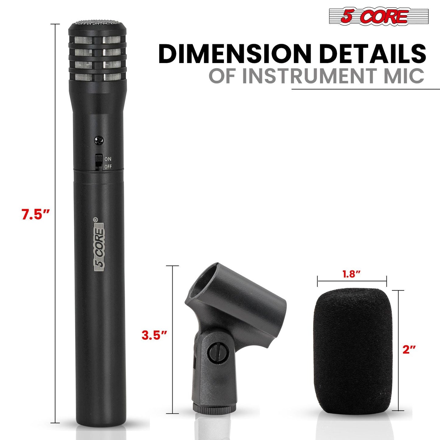 5 CORE Professional Instrument Microphone Pencil Mic Condenser Cardioid Unidirectional Stick Microfono with Windscreen Mic Clip & Case - INSTRU MIC 100 BLK