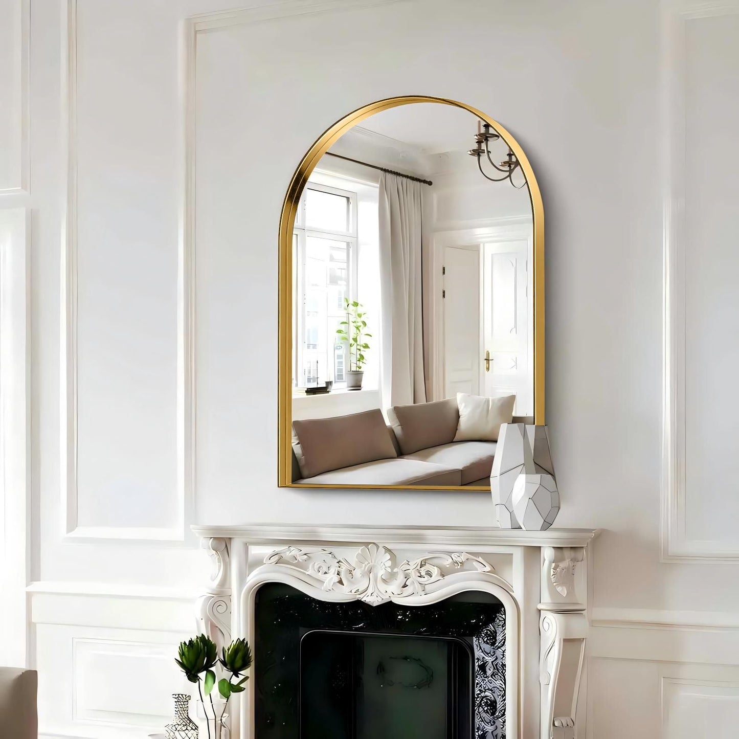 Arched Wall Mirror, 24"×36" Bathroom Mirror Deep Frame, Modern Dresser Mirror Wall Mounted Decor Metal Frame for Bedroom Living Room Entryway Fireplace Mantel Dining Room