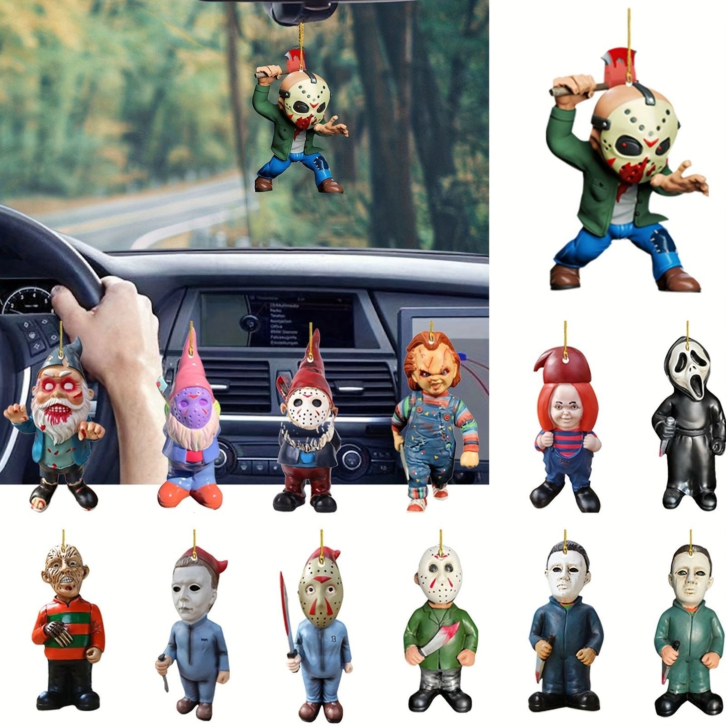 1pc Halloween Decor Horror Movie Character Sculpture Car Hanging Pendant Horror Decoration Funny Pendant Car Dwarf Pendant