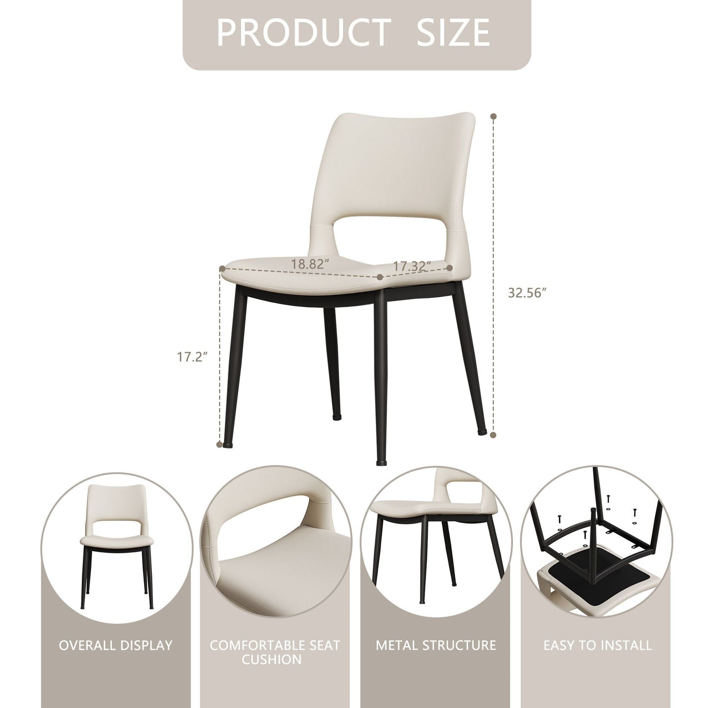 Modern minimalist black PU leather Dining Chairs Set of 2, comfortable backrest design, metal leg support, suitable for restaurants, kitchens, and offices.