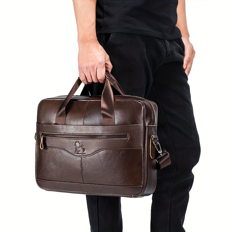 1pc Men's Briefcase, Genuine Leather Men's Bag, Official Bag, 15 Inch Computer Bag, Men's Portable Shoulder Business Bag