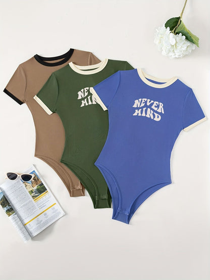 Letter Print Bodysuit 3 Pack, Casual Crew Neck Short Sleeve Bodysuit, Women's Clothing