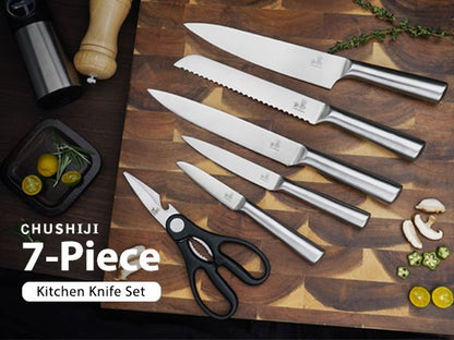 CHUSHIJI Knife Sets for Kitchen with Block and Sharpener 7-Pieces Premium Stainless Steel Kitchen Knife Sets with Block - Hard Wood Brown Knife Block Set