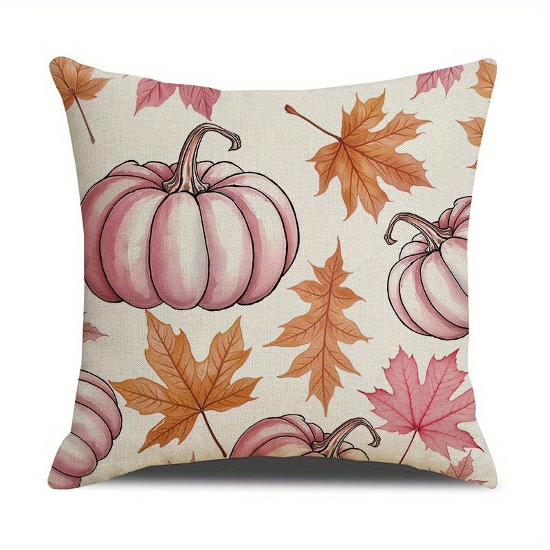 4 Pack Fall Pillow Covers Pink 18x18in Farmhouse Pumpkin Maple Leaf Cushion Case Autumn Sofa Couch Decor for Autumn Thanksgiving Harvest Decorations