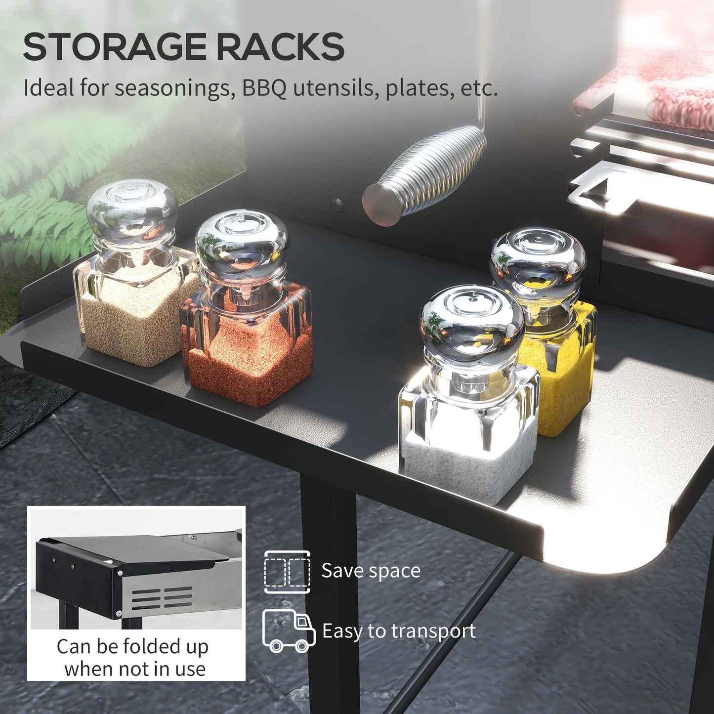 Outsunny BBQ Rotisserie Charcoal Grill for Chicken Turkey with 3-Level Grate Storage Shelves Stainless Steel