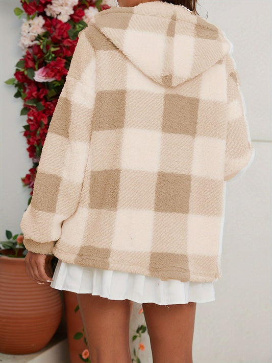 Plaid Print Teddy Hooded Coat, Casual Zip Up Long Sleeve Warm Outerwear, Women's Clothing