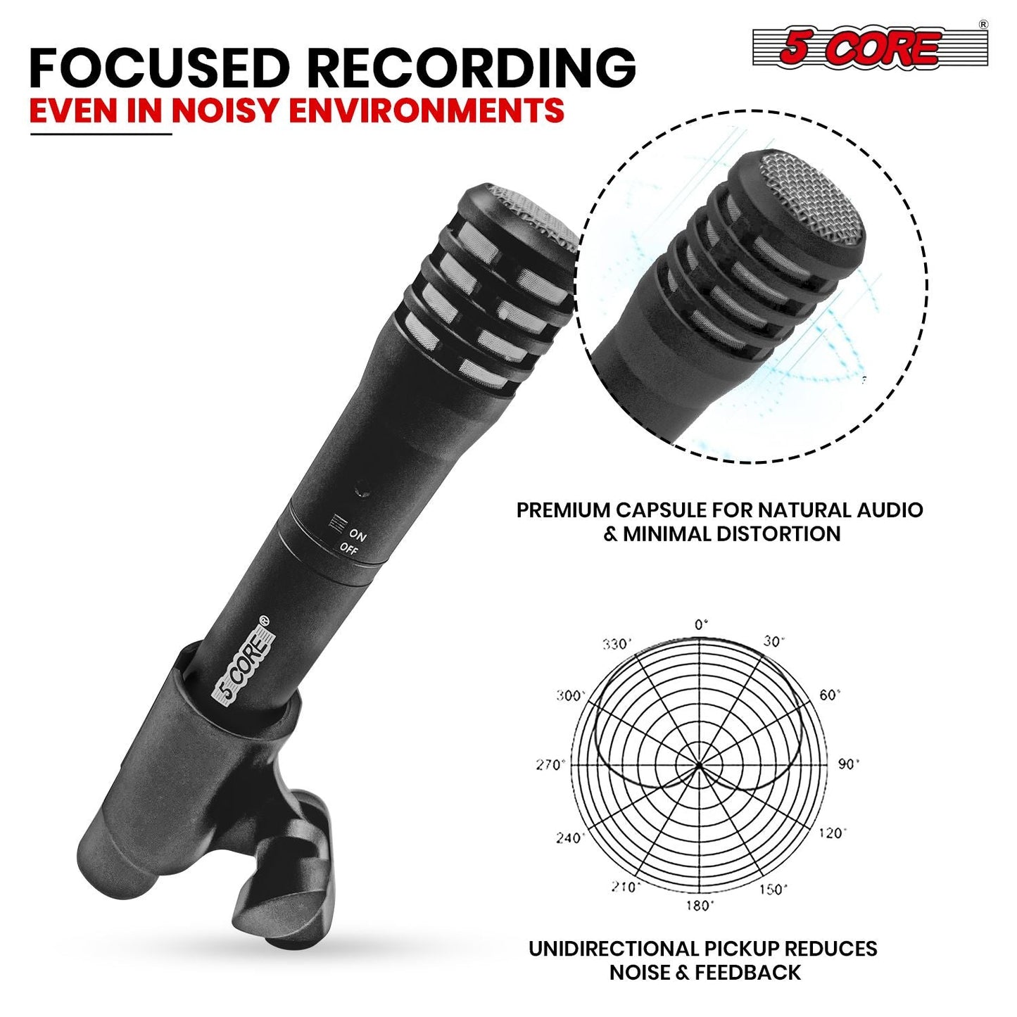 5 CORE Professional Instrument Microphone Pencil Mic Condenser Cardioid Unidirectional Stick Microfono with Windscreen Mic Clip & Case - INSTRU MIC 100 BLK