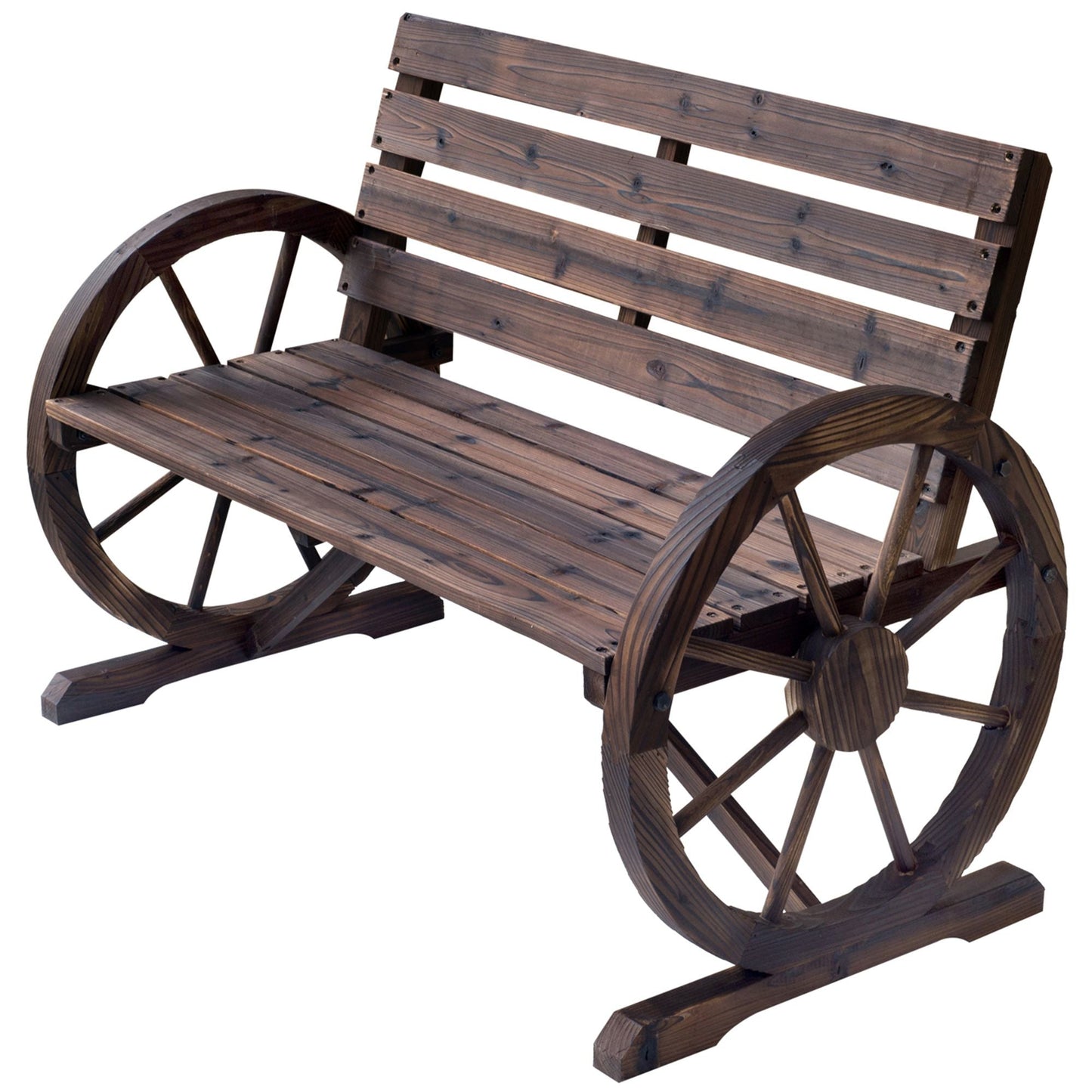 Outsunny Wagon Wheel Bench Rustic 2-Person Outdoor Patio Carbonized Finish with Backrest