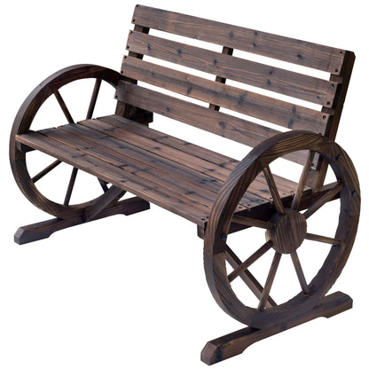 Outsunny Wagon Wheel Bench Rustic 2-Person Outdoor Patio Carbonized Finish with Backrest