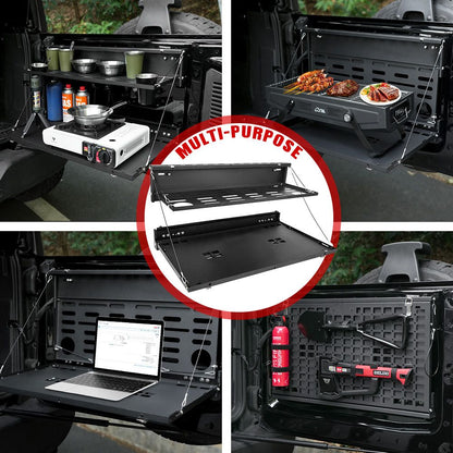 Tailgate Table Molle Panel for Ford Bronco 2021-2024 2-Tier Foldable Rear Storage Cargo Rack Shelf Camping Desk