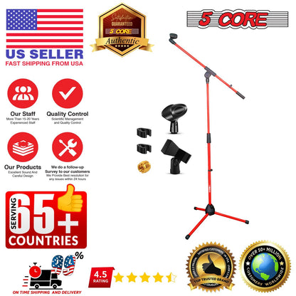 5 Core Tripod Mic Stand Floor Adjustable 18 to 72 Inches Sturdy Boom Arm Holder Microphone Stands Pedestal Para Microfono for Singing MS 080 RED
