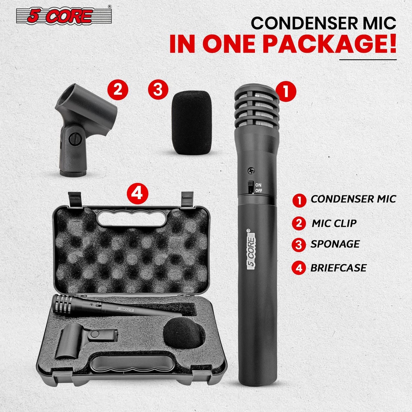 5 CORE Professional Instrument Microphone Pencil Mic Condenser Cardioid Unidirectional Stick Microfono with Windscreen Mic Clip & Case - INSTRU MIC 100 BLK