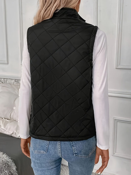 Argyle Pattern Fall & Winter Vest, Casual Zip Up Sleeveless Vest, Women's Clothing