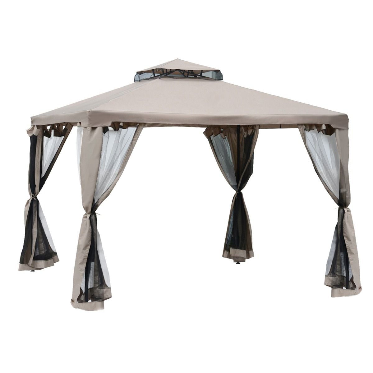 Outsunny 10' x 10' Gazebo Tent, Canopy with Mosquito Netting SideWalls, 2-Tier Vented Roof, Fabric for Garden, Lawn, Backyard, Taupe