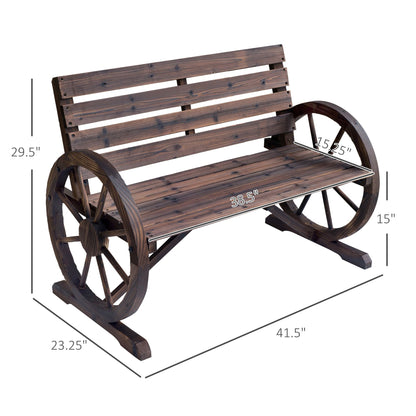 Outsunny Wagon Wheel Bench Rustic 2-Person Outdoor Patio Carbonized Finish with Backrest