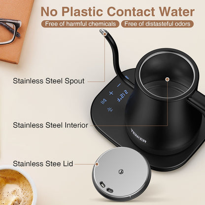 Electric Gooseneck Kettle Temperature Control Pour-Over Tea Kettle for Coffee Brewing;  Stainless Steel Inner;  1300W Rapid Heating;  Temp Holding Matte Black